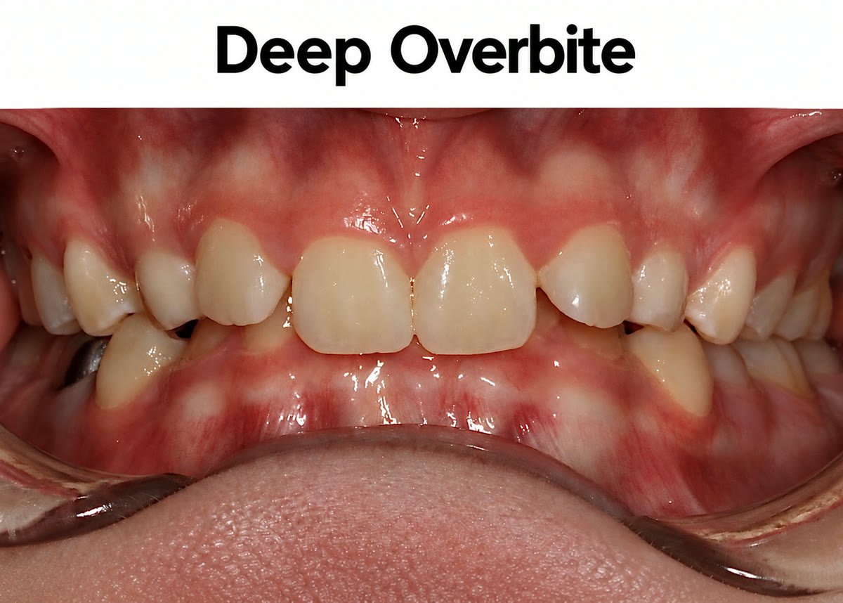 Intraoral photo of a deep overbite where the upper front teeth cover most of the lower front teeth