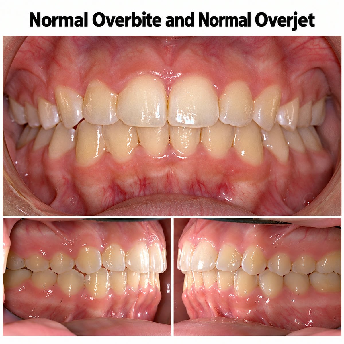 Intraoral photos of a normal overbite and normal overjet, front and side views