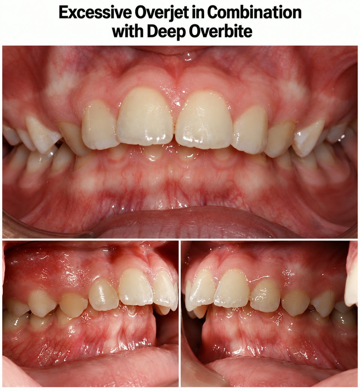 Intraoral photos of excessive overjet combined with a deep overbite, front and side views