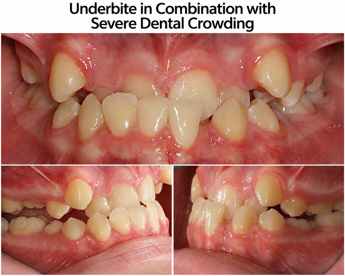 Intraoral photos of an underbite with severe dental crowding, front and side views